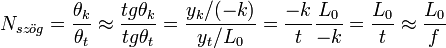 N_{sz\ddot{o}g} = \frac{\theta_k}{\theta_t} \approx \frac{tg\theta_k}{tg\theta_t} = \frac{y_k/(-k)}{y_t/L_0} = \frac{-k}{t}\frac{L_0}{-k} = \frac{L_0}{t} \approx \frac{L_0}{f}