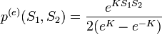p^{(e)}(S_1,S_2) = \frac{e^{K S_1 S_2}}{2(e^{K} - e^{-K})}