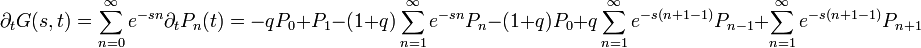 \partial_{t}G(s,t)=\sum_{n=0}^{\infty}e^{-sn}\partial_{t}P_{n}(t)=-qP_{0}+P_{1}-(1+q)\sum_{n=1}^{\infty}e^{-sn}P_{n}-(1+q)P_{0}+q\sum_{n=1}^{\infty}e^{-s(n+1-1)}P_{n-1}+\sum_{n=1}^{\infty}e^{-s(n+1-1)}P_{n+1}