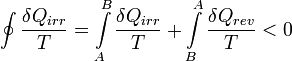 \oint \frac{\delta Q_{irr}}{T} = \int\limits_A^B \frac{\delta Q_{irr}}{T} +  \int\limits_B^A \frac{\delta Q_{rev}}{T} < 0 