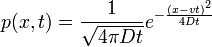 p(x,t) = \frac{1}{\sqrt{4\pi Dt}} e^{-\frac{(x-vt)^2}{4Dt}}