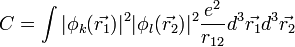 C = \int |\phi_k(\vec{r_1})|^2|\phi_l(\vec{r_2})|^2 \frac{e^2}{r_{12}} d^3\vec{r_1} d^3\vec{r_2}
